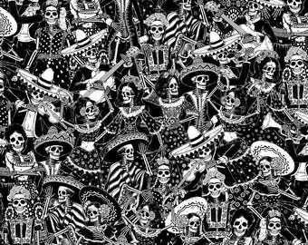 Day of the Dead - Dancing Skeletons Stripe Fabric - Cotton Fabric
