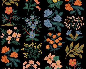 Tela de lona negra con estampado de flores silvestres - Rifle Paper Co. - Estampado de pradera