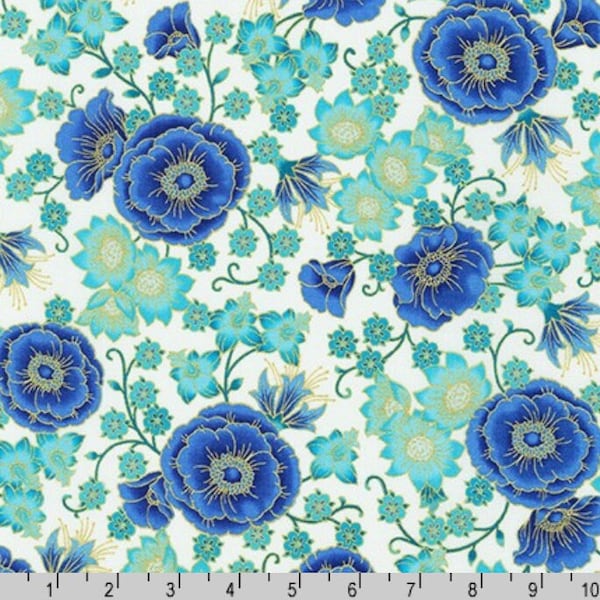 Robert Kaufman - Florentine Garden - Floral Peacock Metallic Fabric by Hyun Joo Lee - Metallic - Cotton Fabric