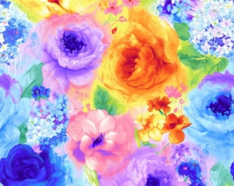 Rain Blossom Roses Fabric Panel: Colorful Pastel Cotton (23" x 43")