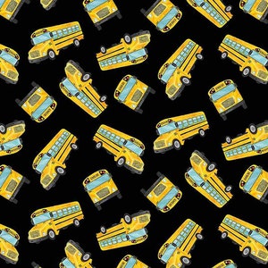 Timeless Treasures - Too Cool For School - Tossed Yellow School Buses Fabric by Gail Cadden - Digital Print Cotton Fabric