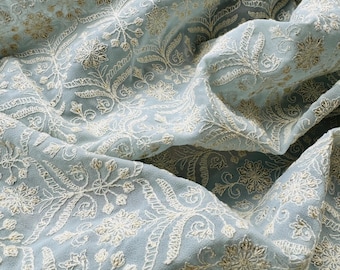 Light Grey Embroidered Georgette Fabric - Lucknowi Work - Sheer Fabric