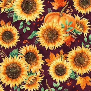 Hoffman Fabrics - Autumn Is In The Air - Sunflowers Mulberry/Gold Metallic - Cotton Fabric