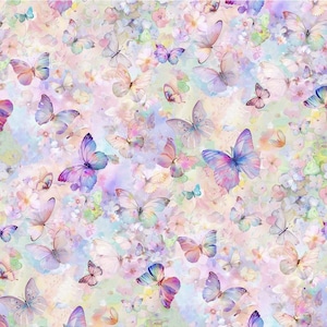 Può includere: Un motivo ad acquerello con numerose farfalle di varie dimensioni e colori, tra cui rosa, viola, blu e giallo. Le farfalle sono sparse su uno sfondo morbido dai colori pastello con accenti floreali, creando un design stravagante e delicato.