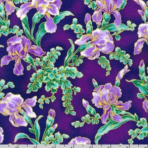 Peacock Garden - Iris and Leafy Branches Purple Metallic - Cotton Fabric