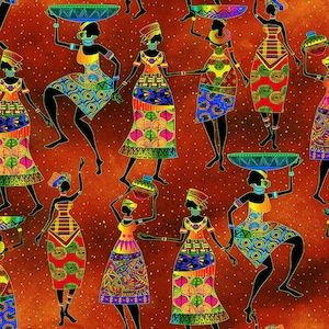 African Sunset - African Women Dance Fabric by Chong-a Hwang - Metallic Cotton Fabric