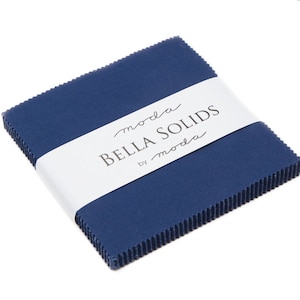 May include: A navy blue fabric square with the text "moda Bella Solids by moda" printed on a white label.