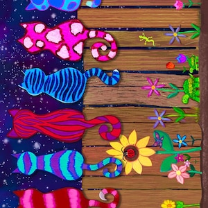 Star Gazing - Colorful Cats On A Fence 11&quot; Stripe Fabric by Nick Gustafson - Cotton Fabric