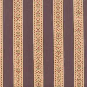 May include: A repeating pattern of vertical stripes in shades of purple and beige. The beige stripes feature a small, intricate floral design in shades of red and green.