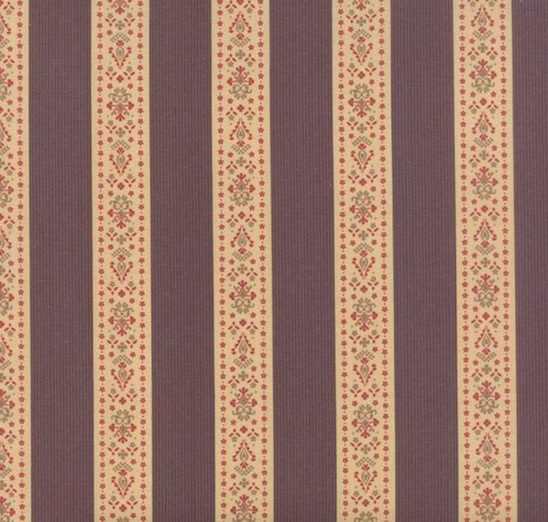 May include: A repeating pattern of vertical stripes in shades of purple and beige. The beige stripes feature a small, intricate floral design in shades of red and green.
