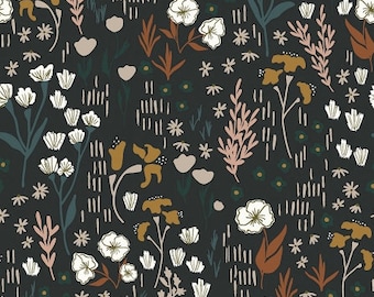 Tela de rayón floral: Dear Isla Meadow, tela casi negra de Hope Johnson