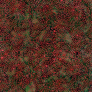 Puede incluir: Una tela con un patrón repetitivo de explosiones de estrellas rojas y punteadas sobre un fondo verde oscuro y negro. El diseño tiene una apariencia similar al batik, con variaciones en la intensidad del color. El efecto general es un aspecto texturizado y orgánico.