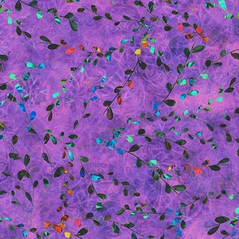 Venice Foliage Lilac cotton fabric by Christiane Marques for Robert Kaufman featuring watercolor vines and colorful leaves on a lilac background, perfect for quilting, apparel, bags and home décor.