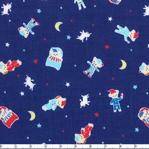 May include: A blue fabric with a repeating pattern of bears in pajamas, stars, moons, and other small details.