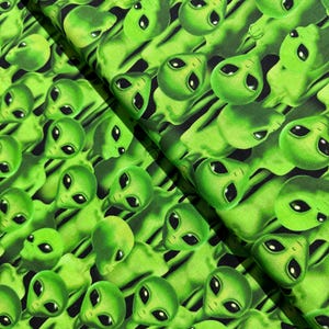 Space Invasion - Packed Green Aliens - Digital Print - Cotton Fabric