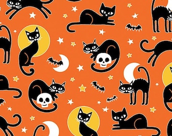 Glow in the Dark - Glow-O-Ween - Katzen Katzen Dekostoff in Orange von Kanvas Studio - Baumwollstoff