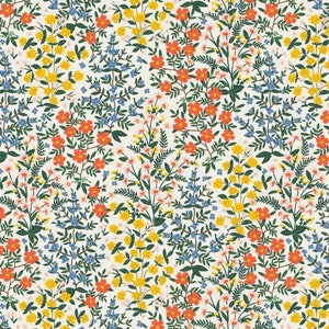 May include: A seamless pattern featuring a variety of small flowers in shades of yellow, orange, blue, and pink on a cream background.