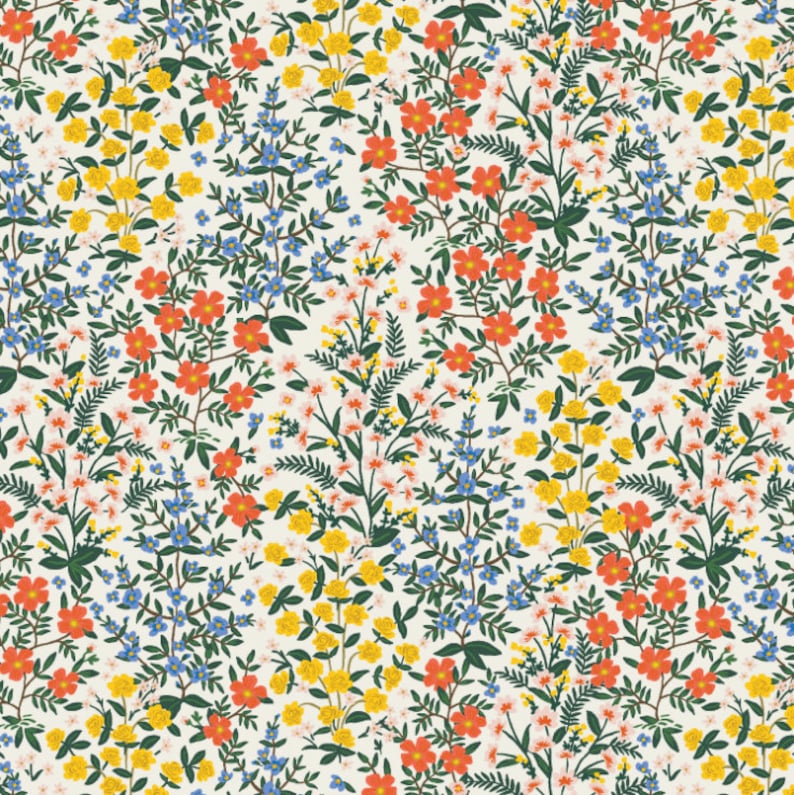 May include: A seamless pattern featuring a variety of small flowers in shades of yellow, orange, blue, and pink on a cream background.