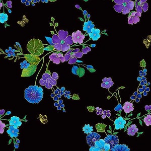 Timeless Treasures - Utopia - Small Tossed Metallic Blue Florals Fabric by Chong-a Hwang - Metallic Cotton Fabric