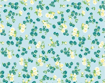 May include: A light blue fabric with a repeating pattern of white roses and teal blue forget-me-nots.