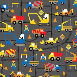 Timeless Treasures - Construction Site - Construction Trucks and Workers - Cotton Fabric