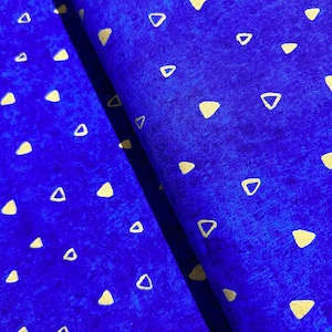 Gustav Klimt - Gold Metallic Triangles on Cobalt - Metallic Cotton Fabric
