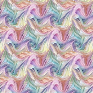 May include: A seamless pattern featuring a flowing, abstract design. The pattern showcases a blend of pastel colors, including pink, purple, blue, yellow, and peach, creating a soft, watercolor-like effect. The design has a wavy, swirling appearance.