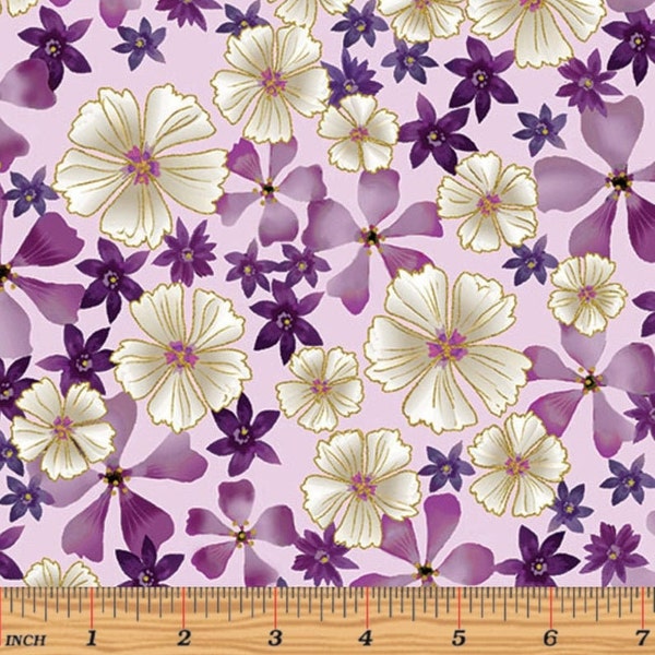 Benartex - Enchanted - Full Bloom Orchid/Gold Metallic Fabric by Greta Lynn - Metallic - Cotton Fabric