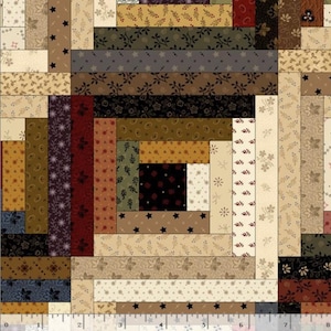 May include: A patchwork quilt fabric with a log cabin design. The fabric features various rectangular strips in shades of brown, beige, and burgundy, with floral and star patterns. The design is a mix of light and dark tones.