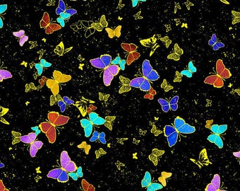May include: A black background with a repeating pattern of colorful butterflies. The butterflies are in various shades of blue, green, red, yellow, and purple. The butterflies are arranged in a random pattern, creating a dynamic and vibrant design.