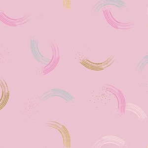 May include: A seamless pattern with pastel pink, blue, and gold brushstrokes in the shape of arcs on a light pink background.