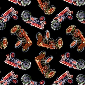 Pode incluir: Um padrão sem costura de tratores de brinquedo vermelhos e pretos sobre um fundo preto. Os tratores estão em várias posições e têm detalhes diferentes, como rodas, faróis e tubos de escape.