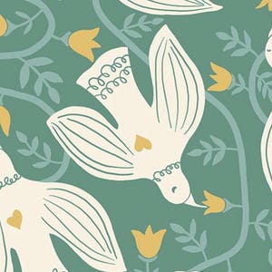 May include: A teal green background with a repeating pattern of white birds with yellow hearts and yellow flowers. The birds are stylized and have a simple design.