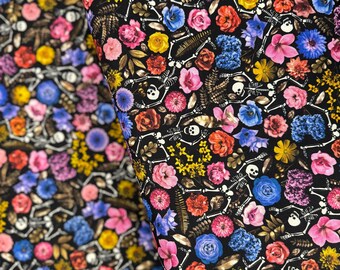 Apothecary - Skeleton Dancing and Florals Fabric - Digital Print - Cotton Fabric