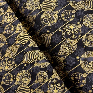Traditional Trimmings - Gold Ornaments on Black Fabric - Metallic Cotton Fabric