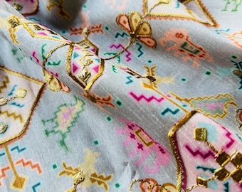 Grey Artificial Raw Silk Print with Embroidery Fabric/Lustrous Fabric
