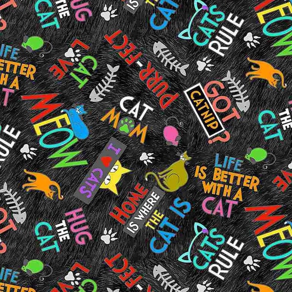 Timeless Treasures - Kool Cats - Cool Cats Text - Digital Print - Cotton Fabric