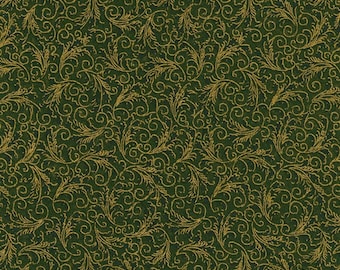 Timeless Treasures - Holiday Blenders - Gold Metallic Tonal Filagree on Green - Metallic Cotton Fabric