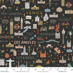 Bon Voyage - Viaggiatore del mondo - Tessuto nero di Rifle Paper Co. - Tessuto di cotone