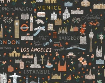 Bon Voyage - World Traveler - Czarny materiał od Rifle Paper Co. - Tkanina bawełniana