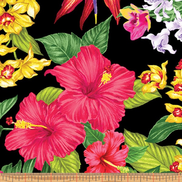 Benartex - Tropical Escape - Floral Paradise Black Fabric by Kanvas Studio - Cotton Fabric
