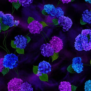 Midnight Bloom - Tossed Hydrangea by Chong-a Hwang - Digital Print - Cotton Fabric