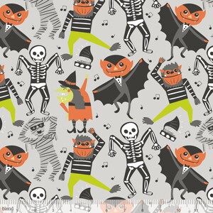 May include: A gray background with a repeating pattern of various Halloween characters dancing. The characters include a skeleton, a mummy, a vampire, a werewolf, a witch, and a pumpkin. The characters are all wearing costumes and have different facial expressions.