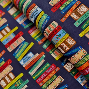 Canvas Fabrics - Curio - Book Club - Navy Metallic Canvas Fabric by Rifle Paper Co.