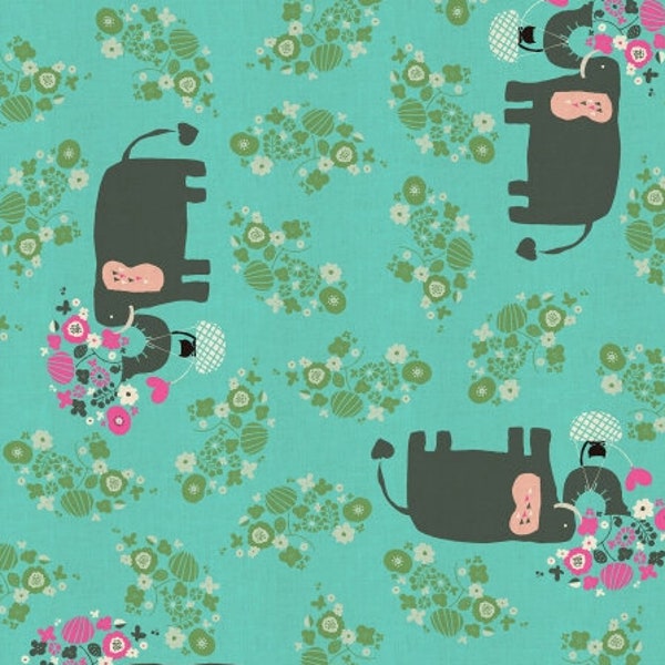 Cotton + Steel - Kawaii Nakama - I Heart Elephants - Turquoise Unbleached Fabric by Naocom - Unbleached Cotton Fabric