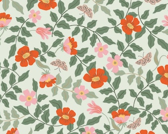 May include: A seamless pattern featuring red and pink flowers with green leaves and butterflies on a light green background.