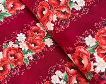 Tela metalizada carmesí con rayas de amapola de Poppy Hill de Robert Kaufman