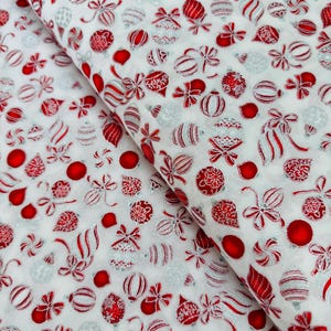 Holiday Charms – Holiday Ornaments Scarlet Silver Metallic Fabric by Robert Kaufman | 100% Cotton