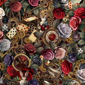Down Rabbit Hole Wonderland Floral Clock Rabbit Cotton Fabric