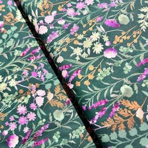 Lilac and Sage – Wildflowers Basil Copper Pearl Metallic Fabric | Quilting Cotton | Floral Shimmer Fabric
